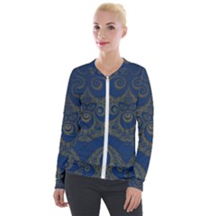 Navy Blue And Gold Swirls Velour Zip Up Jacket by SpinnyChairDesigns