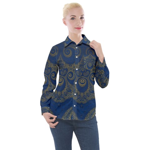 Navy Blue And Gold Swirls Women s Long Sleeve Pocket Shirt by SpinnyChairDesigns