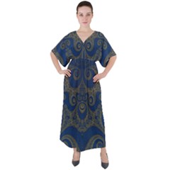 Navy Blue And Gold Swirls V-neck Boho Style Maxi Dress by SpinnyChairDesigns