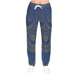 Navy Blue And Gold Swirls Women Velvet Drawstring Pants by SpinnyChairDesigns