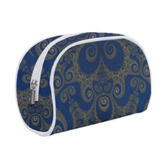 Navy Blue And Gold Swirls Makeup Case (small) by SpinnyChairDesigns