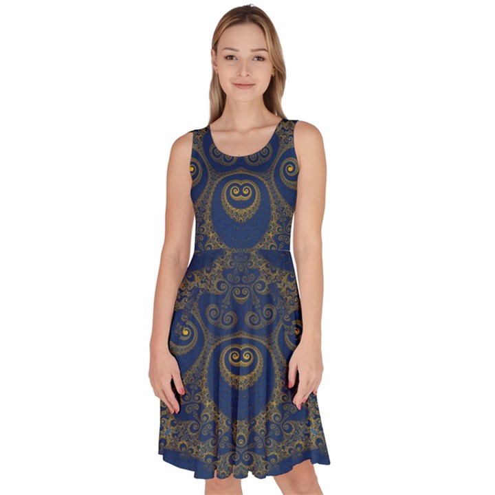 Navy Blue and Gold Swirls Knee Length Skater Dress With Pockets