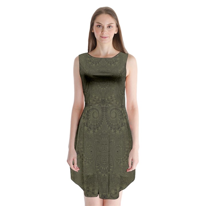 Rustic Green Brown Swirls Sleeveless Chiffon Dress  