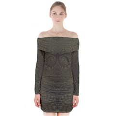 Rustic Green Brown Swirls Long Sleeve Off Shoulder Dress by SpinnyChairDesigns