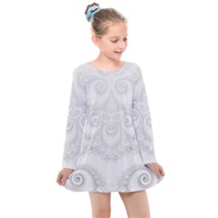 Wedding White Swirls Spirals Kids  Long Sleeve Dress by SpinnyChairDesigns