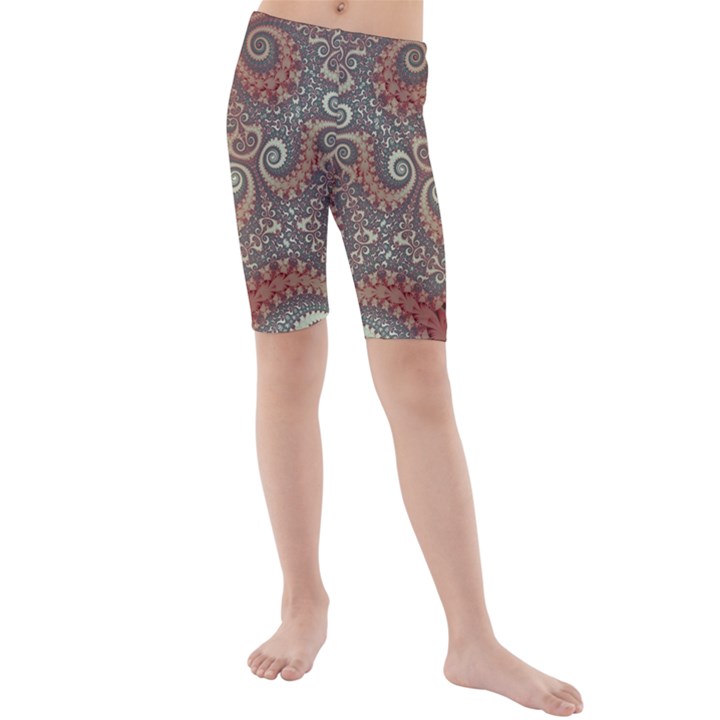 Red and White Color Swirls Kids  Mid Length Swim Shorts