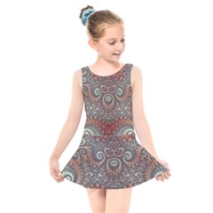 Red And White Color Swirls Kids  Skater Dress Swimsuit by SpinnyChairDesigns