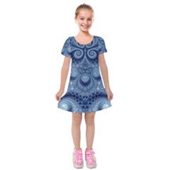 Royal Blue Swirls Kids  Short Sleeve Velvet Dress by SpinnyChairDesigns