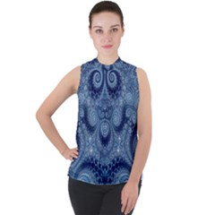 Royal Blue Swirls Mock Neck Chiffon Sleeveless Top by SpinnyChairDesigns