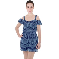 Royal Blue Swirls Ruffle Cut Out Chiffon Playsuit by SpinnyChairDesigns