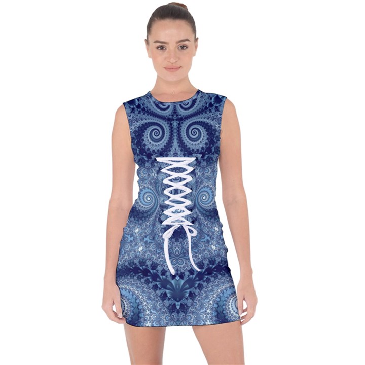 Royal Blue Swirls Lace Up Front Bodycon Dress