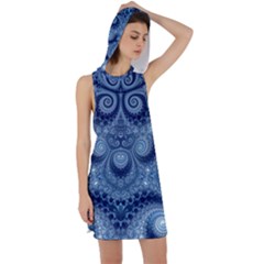 Royal Blue Swirls Racer Back Hoodie Dress by SpinnyChairDesigns