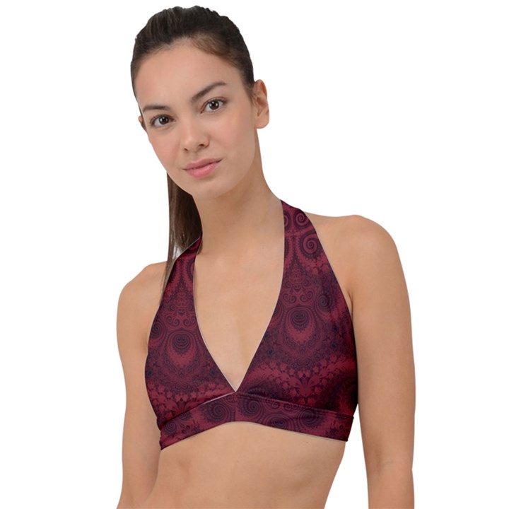 Burgundy Wine Swirls Halter Plunge Bikini Top