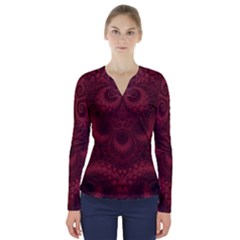 Burgundy Wine Swirls V-neck Long Sleeve Top by SpinnyChairDesigns