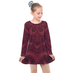 Burgundy Wine Swirls Kids  Long Sleeve Dress by SpinnyChairDesigns