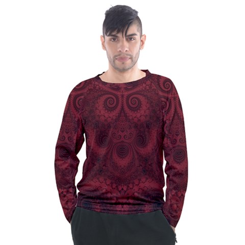 Burgundy Wine Swirls Men s Long Sleeve Raglan Tee by SpinnyChairDesigns