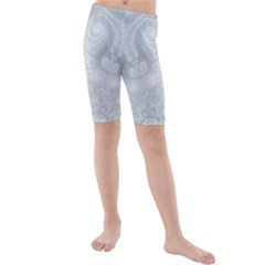 Ash Grey White Swirls Kids  Mid Length Swim Shorts by SpinnyChairDesigns