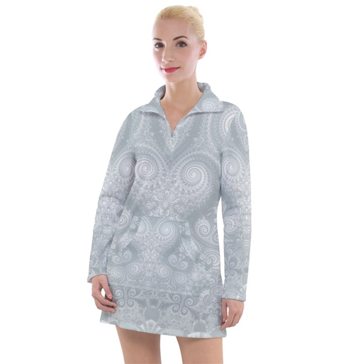 Ash Grey White Swirls Women s Long Sleeve Casual Dress