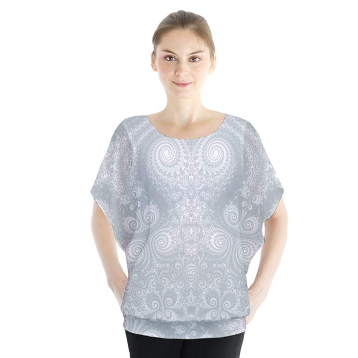 Ash Grey White Swirls Batwing Chiffon Blouse