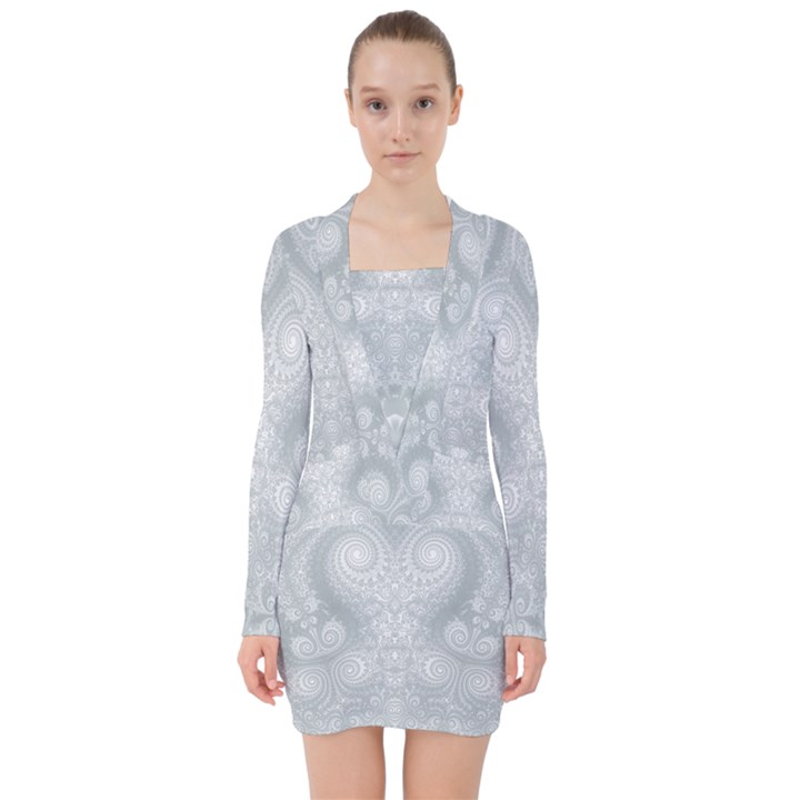 Ash Grey White Swirls V-neck Bodycon Long Sleeve Dress