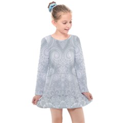 Ash Grey White Swirls Kids  Long Sleeve Dress by SpinnyChairDesigns