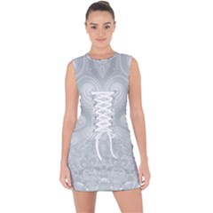 Ash Grey White Swirls Lace Up Front Bodycon Dress by SpinnyChairDesigns