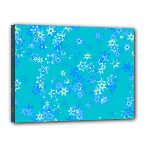 Aqua Blue Floral Print Canvas 16  X 12  (stretched) by SpinnyChairDesigns