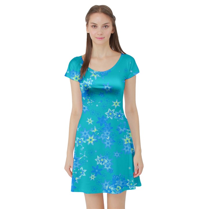 Aqua Blue Floral Print Short Sleeve Skater Dress