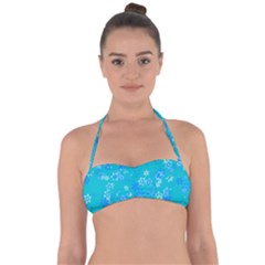 Aqua Blue Floral Print Halter Bandeau Bikini Top by SpinnyChairDesigns