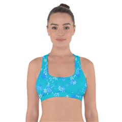 Aqua Blue Floral Print Cross Back Sports Bra by SpinnyChairDesigns