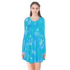 Aqua Blue Floral Print Long Sleeve V-neck Flare Dress by SpinnyChairDesigns