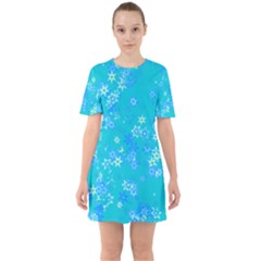 Aqua Blue Floral Print Sixties Short Sleeve Mini Dress by SpinnyChairDesigns