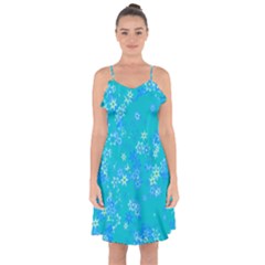 Aqua Blue Floral Print Ruffle Detail Chiffon Dress by SpinnyChairDesigns