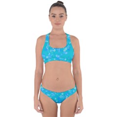 Aqua Blue Floral Print Cross Back Hipster Bikini Set by SpinnyChairDesigns