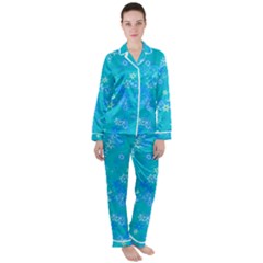 Aqua Blue Floral Print Satin Long Sleeve Pyjamas Set by SpinnyChairDesigns