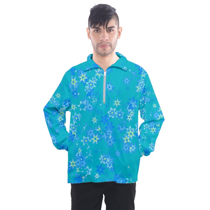 Aqua Blue Floral Print Men s Half Zip Pullover