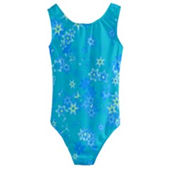 Aqua Blue Floral Print Kids  Cut-out Back One Piece Swimsuit by SpinnyChairDesigns