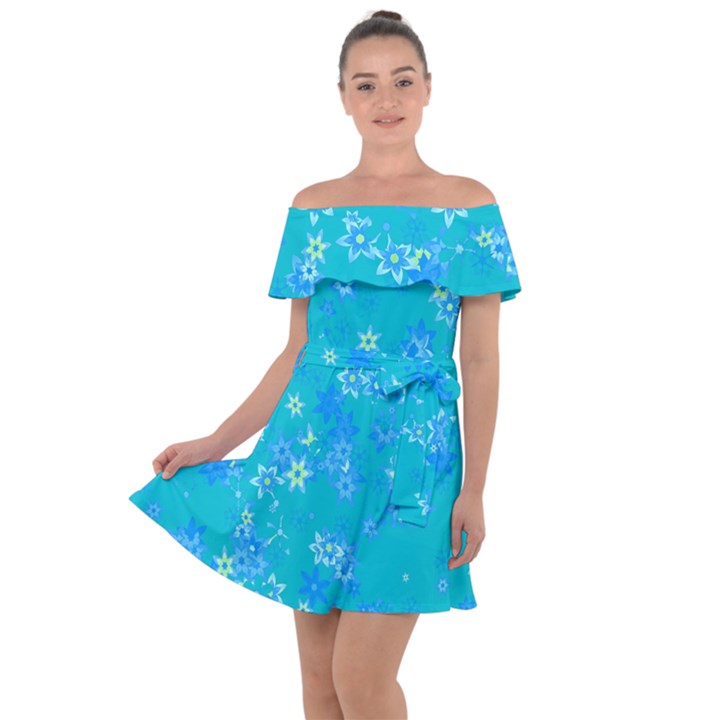 Aqua Blue Floral Print Off Shoulder Velour Dress