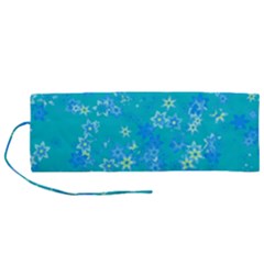 Aqua Blue Floral Print Roll Up Canvas Pencil Holder (m) by SpinnyChairDesigns