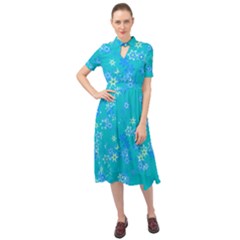 Aqua Blue Floral Print Keyhole Neckline Chiffon Dress by SpinnyChairDesigns