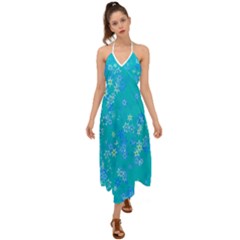 Aqua Blue Floral Print Halter Tie Back Dress  by SpinnyChairDesigns