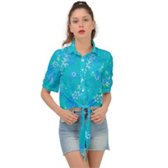 Aqua Blue Floral Print Tie Front Shirt  by SpinnyChairDesigns