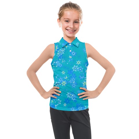 Aqua Blue Floral Print Kids  Sleeveless Polo Tee by SpinnyChairDesigns