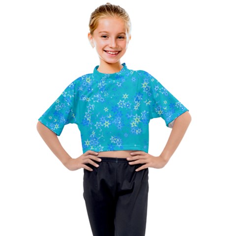 Aqua Blue Floral Print Kids Mock Neck Tee by SpinnyChairDesigns