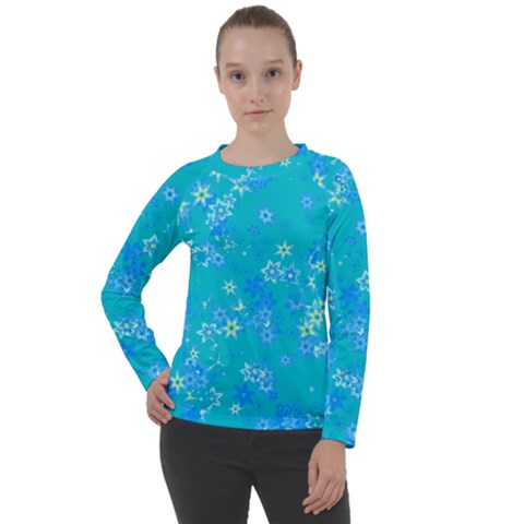 Aqua Blue Floral Print Women s Long Sleeve Raglan Tee by SpinnyChairDesigns