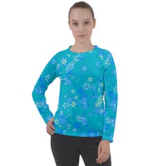 Aqua Blue Floral Print Women s Long Sleeve Raglan Tee