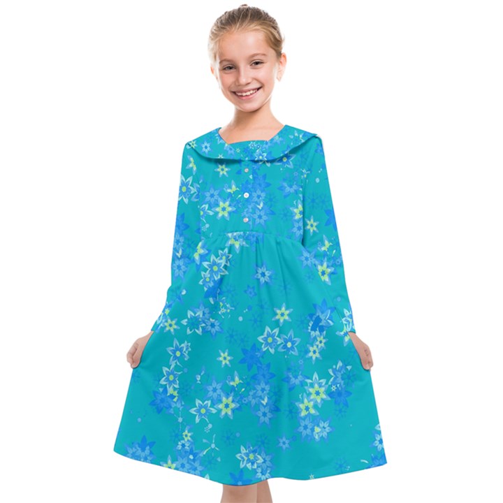 Aqua Blue Floral Print Kids  Midi Sailor Dress