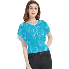 Aqua Blue Floral Print Butterfly Chiffon Blouse