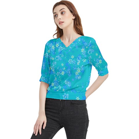 Aqua Blue Floral Print Quarter Sleeve Blouse by SpinnyChairDesigns