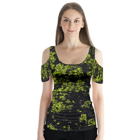 Nature Dark Camo Print Butterfly Sleeve Cutout Tee  by dflcprintsclothing